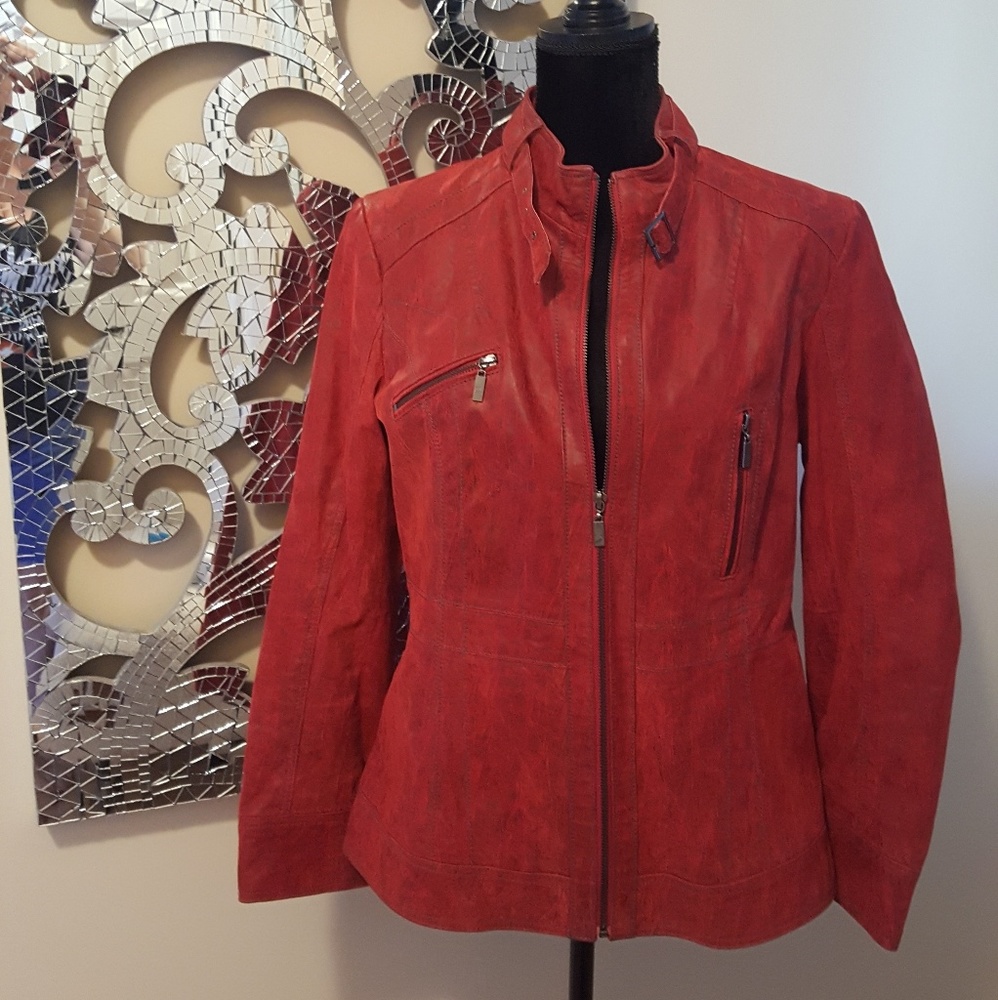 Pamela McCoy Distressed Leather Moto Jacket Sz M